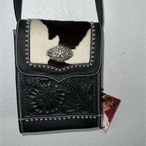 American West Grab & Go Pony Hair-On Tooled Leather Concho Flap Crossbody Bag